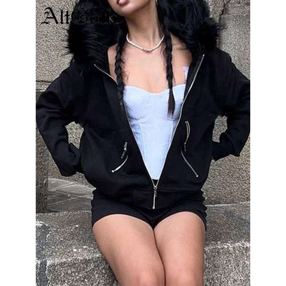 hoodie AltGoth Dark Academia Gothic Sweatshirt Women Streetwear Haruku Vintage Y2k E-girl Cyber Punk Fur Collar Loose Cardigan Tops jacket