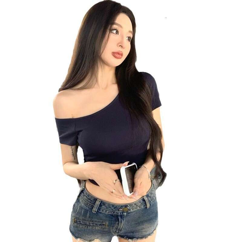 Sexy Hot Girl Asymmetrical Neck Off-Shoulder Sleeve T-Shirt Women Summer New Slim Fit Short Versatile Top Trendy B5