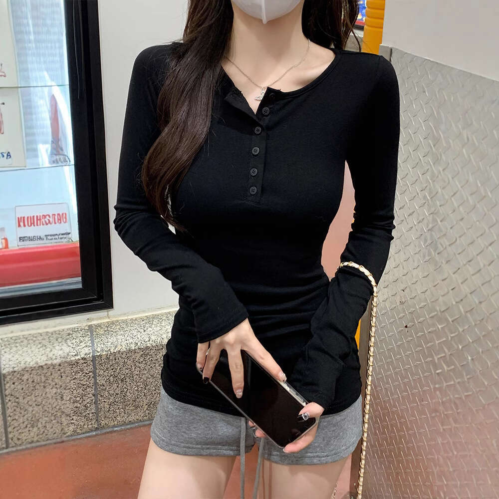 Spicy Girl Button Slim Fit Long Sleeve T-Shirt Base Shirt For Women Early Autumn Simple Inner Wear Regular Shoulder Student Top B5