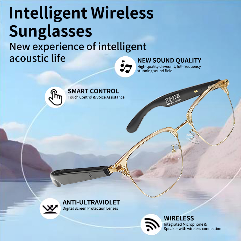 LIGE Smart glasses, adaptive photochromic lenses with light, open ear speakers and microphones Wireless call music control sports outdoor glasses