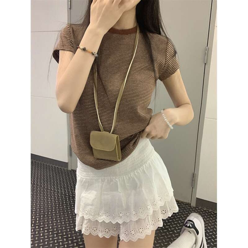 Sleeve Striped T-Shirt For Women Summer Hot Girl Slim Fit Base Shirt Versatile Student Short Top B5