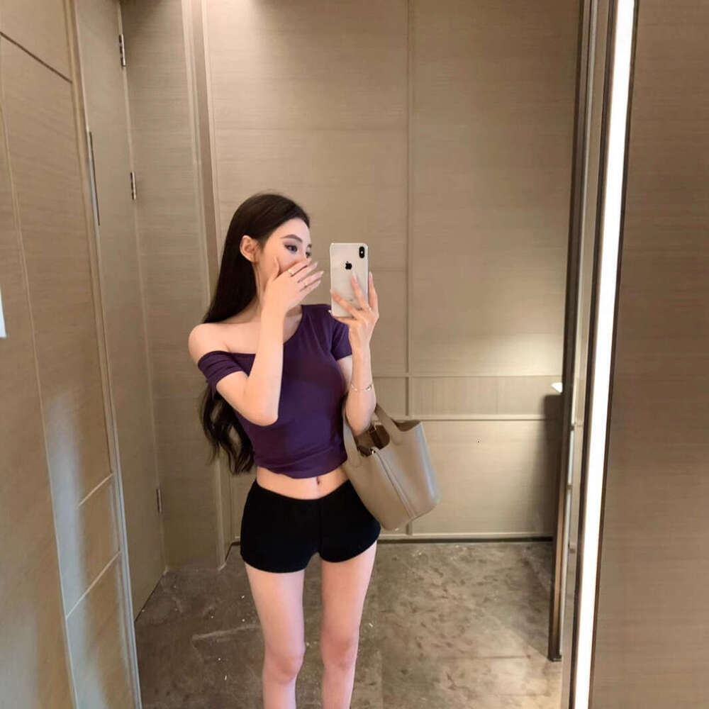 Sexy Hot Girl Asymmetrical Neck Off-Shoulder Sleeve T-Shirt Women Summer New Slim Fit Short Versatile Top Trendy B5
