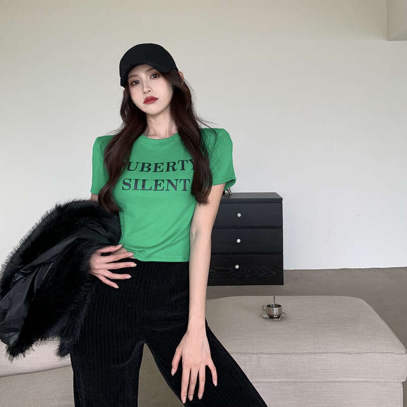 Sleeve T-Shirt For Women, Inner Wear, Short Base Shirt, Spring Summer, Slim Fit, Letter Print, White Student Top B5