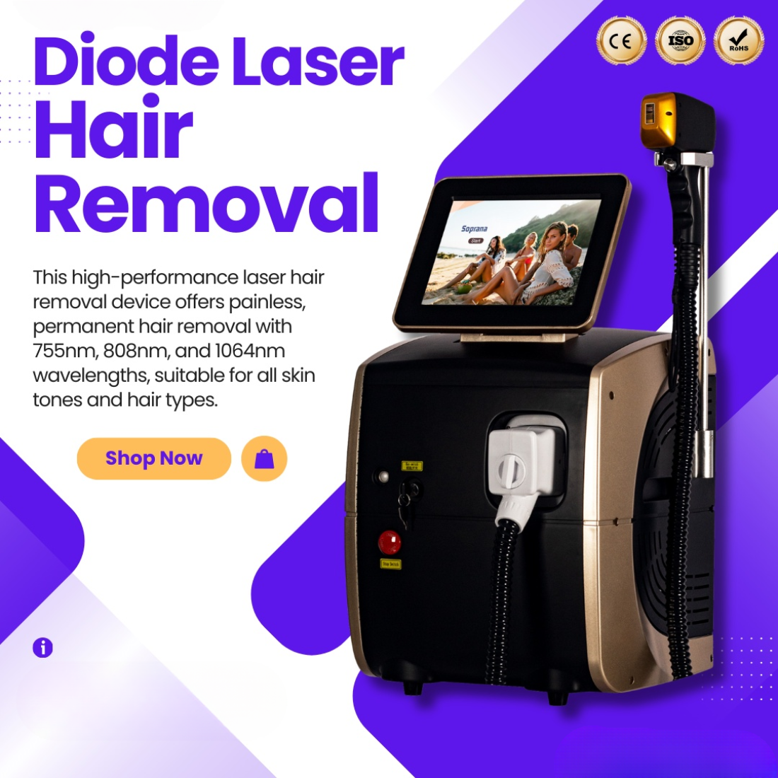 808nm Diode Laser Hair Removal Machine Best Results Alexandrit Permanent Cooling Head Painless Epilator 3 Wavelengths Suitable for home and beauty sal