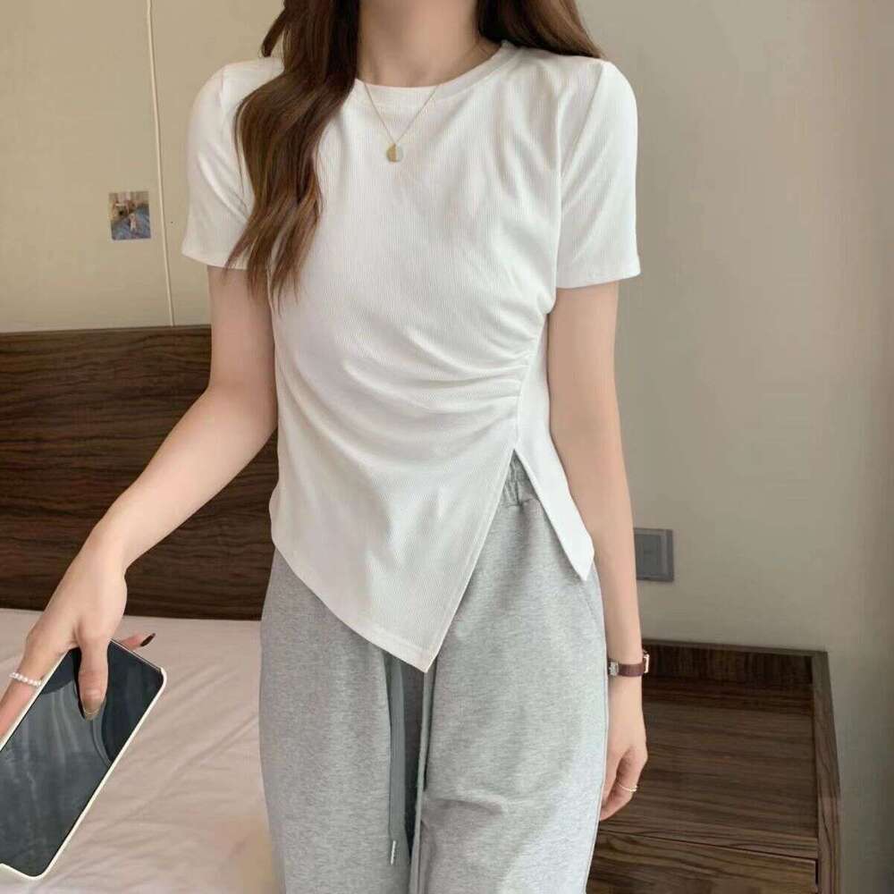 Irregular T-Shirt For Women Summer New Korean Style Waist-Cinching Slimming Side Slit French Splicing Tee Top B5
