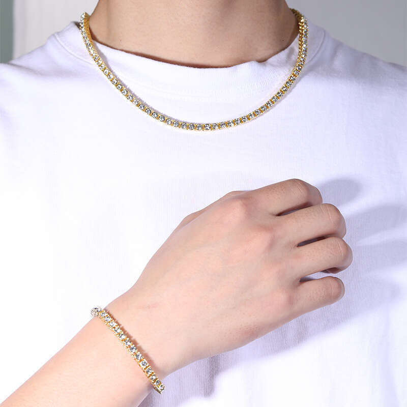 Trendy INS 4mm Tennis Chain Alloy Rhinestone Unisex Necklace Bracelet Set Accessories Jewelry