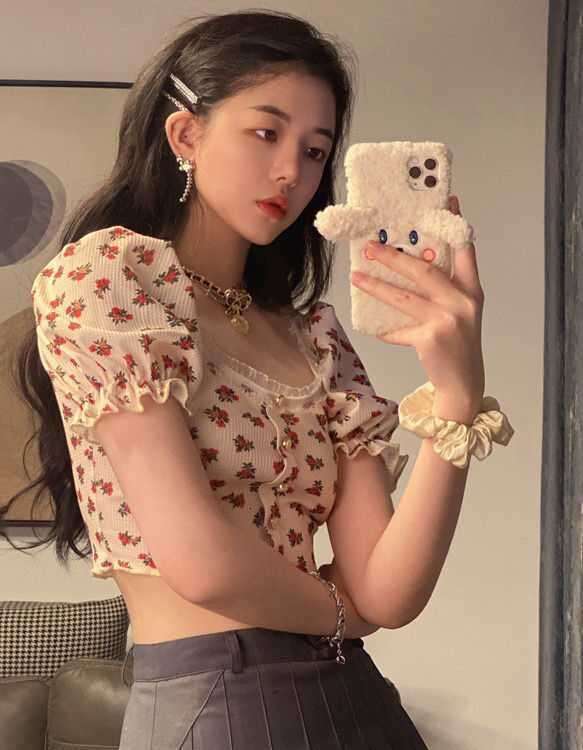 Summer American Style Floral Waffle Short T-Shirt Women Square Neck Puff Sleeve Crop Top Trendy B5