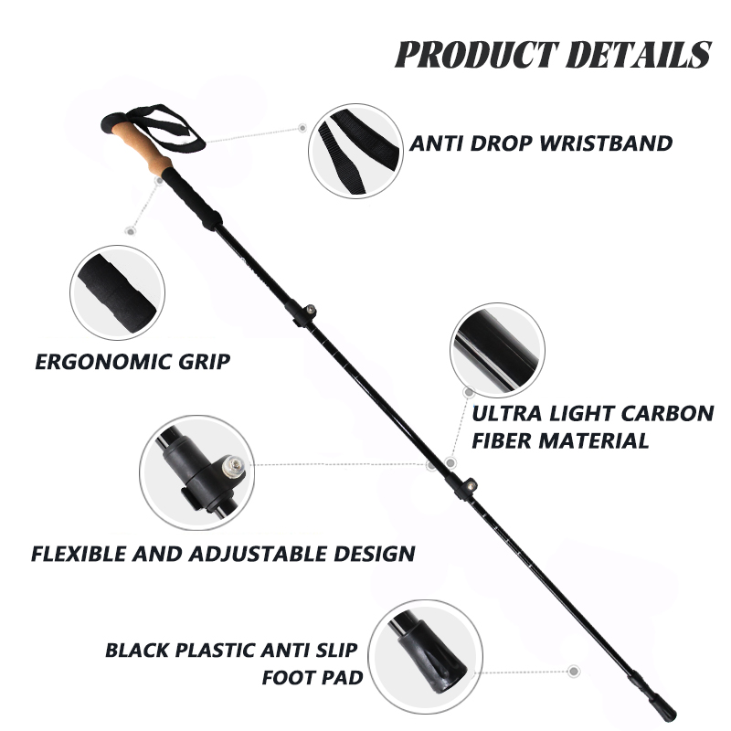 OKHEALING Carbon Fiber UD Surface Trekking Poles Ultra-light Folding Cane Portable Walking Stick with EVA Handle for Off-road Camping Mountaining Back
