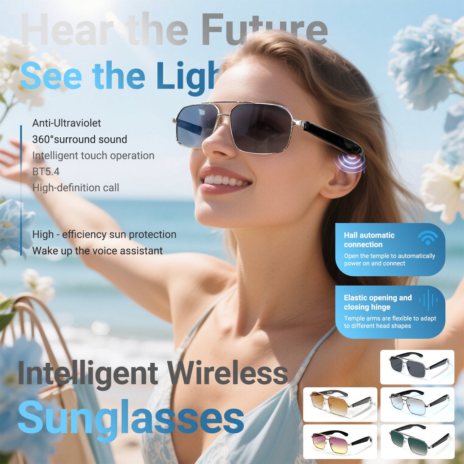 LIGE Smart glasses, adaptive photochromic lenses with light, open ear speakers and microphones Automatic on/off Outdoor sports glasses Music control