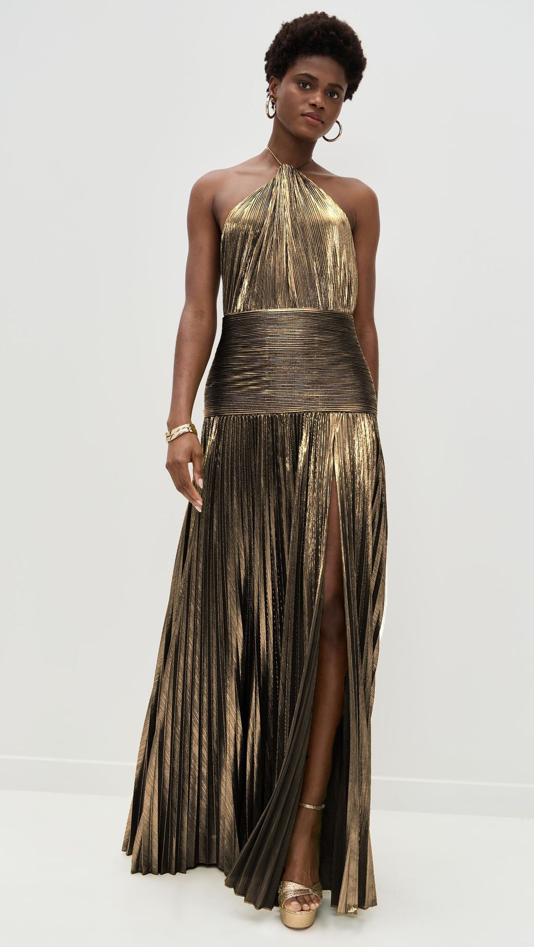 Women's Metallic Pleated Split Lace-Up Halter Dress Sleeveless Backless 8155 ddmysept