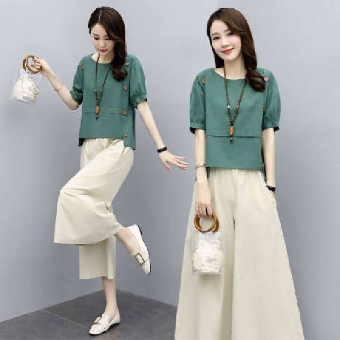 Two-Piece Short Sleeve Summer Outfit New Women's Fashionable Youthful Wide-Leg Pants Set Loose Slimming B5
