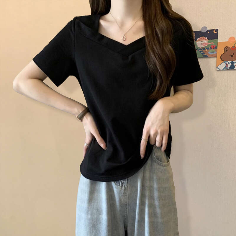 V-Neck Short Sleeve T-Shirt For Women Summer New Loose Slimming Solid Color Student Hot Girl Collarbone-Exposing Top With Design Sense B5