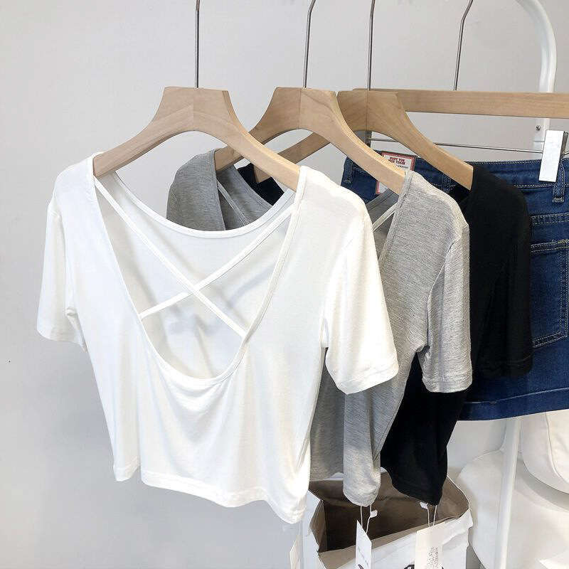 Summer New Korean Style Slim Fit Cross Back Base Short Sleeve T-Shirt For Women B5