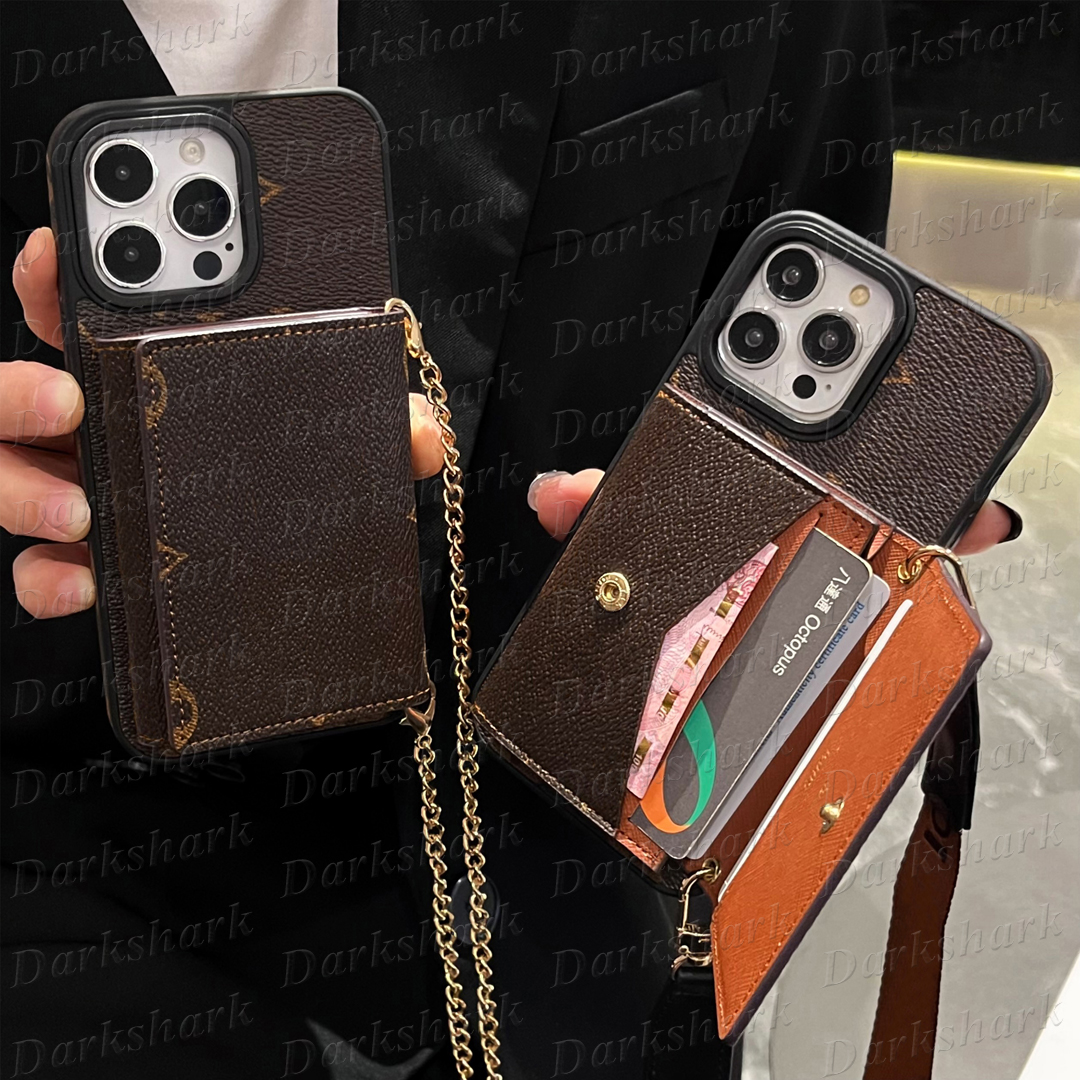 Designer Card Pocket Wallet Phone Case for iPhone 17 16 Plus 15 14 13 12 Pro Max Leather Protection Purse Storage Cover iPhone16pro 15pro 14pro Shoulder Chain Strap