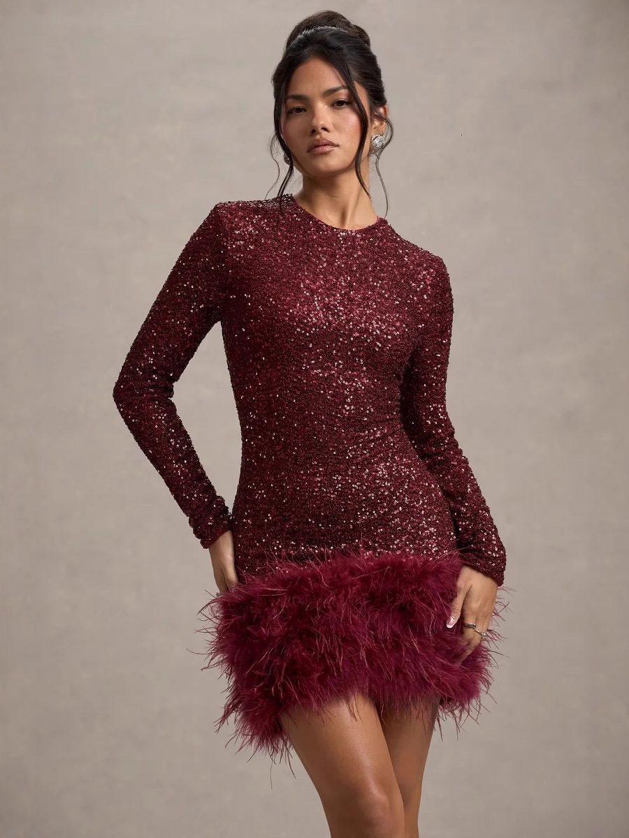 Women's Sexy Long Sleeve Solid Color Sequin Feather Dress Round Neck Women 8102 ddmysept