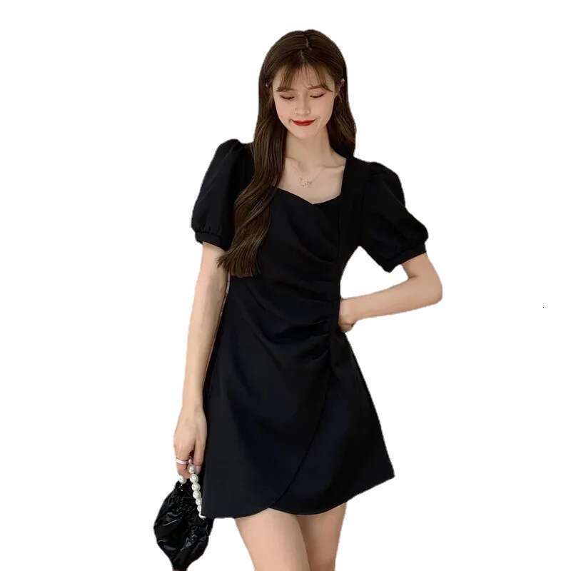 French Style Square Neck Ruched Puff Sleeve Irregular For Women Summer New Small Size Waist Slimming Dress B5