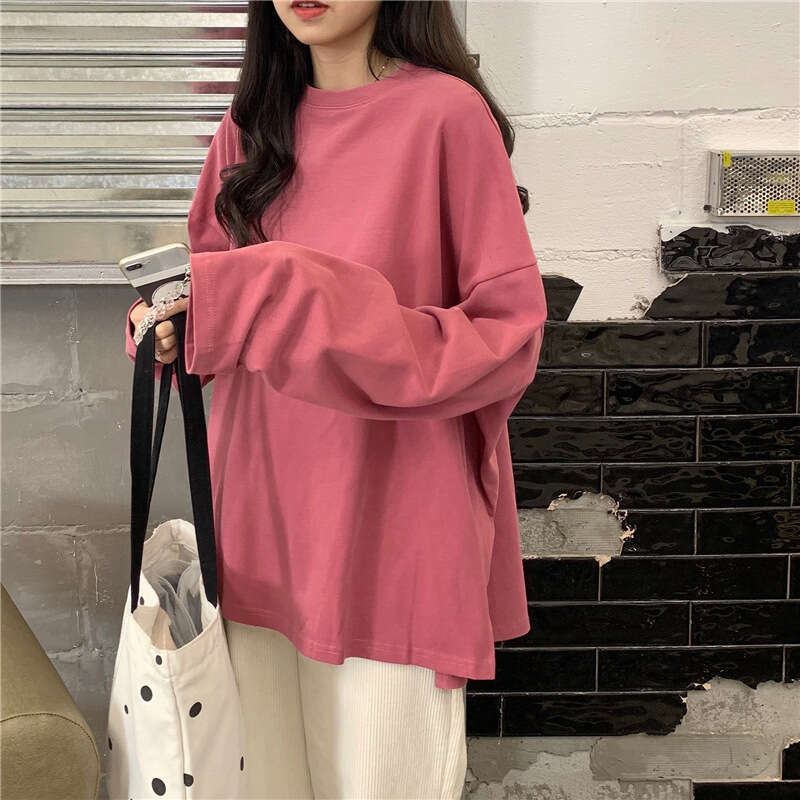 Autumn Outfit Split Solid Color Long Sleeve T-Shirt For Women Fashionable Base Shirt Korean Style Trendy Student Outerwear Loose Top B5