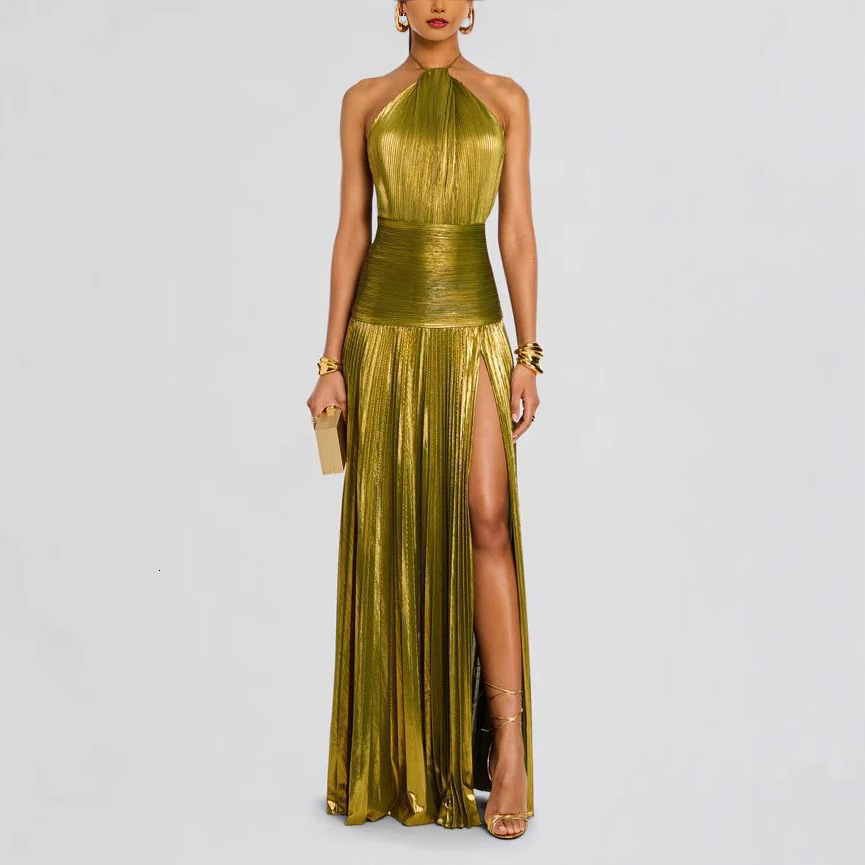 Women's Metallic Pleated Split Lace-Up Halter Dress Sleeveless Backless 8155 ddmysept