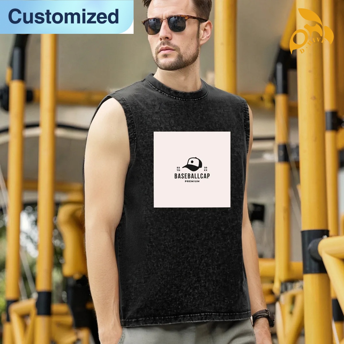 free shipping of customized trendy Washed cotton sleeveless T-shirt with exquisite patterns from US