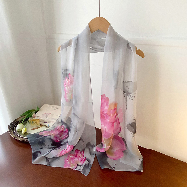 K1303 Fashionable and versatile Georgette silk scarf for women, summer sun protection scarf, moonlight forest thin long strip printed cross-border sha