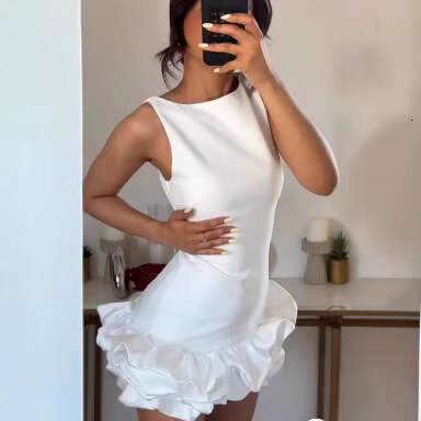 Women's Fashion Summer New Round Neck Sleeveless Waist-Cinching Slimming Short Bodycon Dress For Women B5