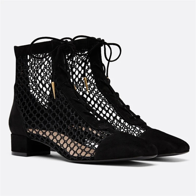 Fashion Sexy Lace-up Mesh Hollow Ankle Boots Zapatos Mujer Elegantes Con Tacones Bajos Charms Zapatos De Mujer Envo Gratis 250708