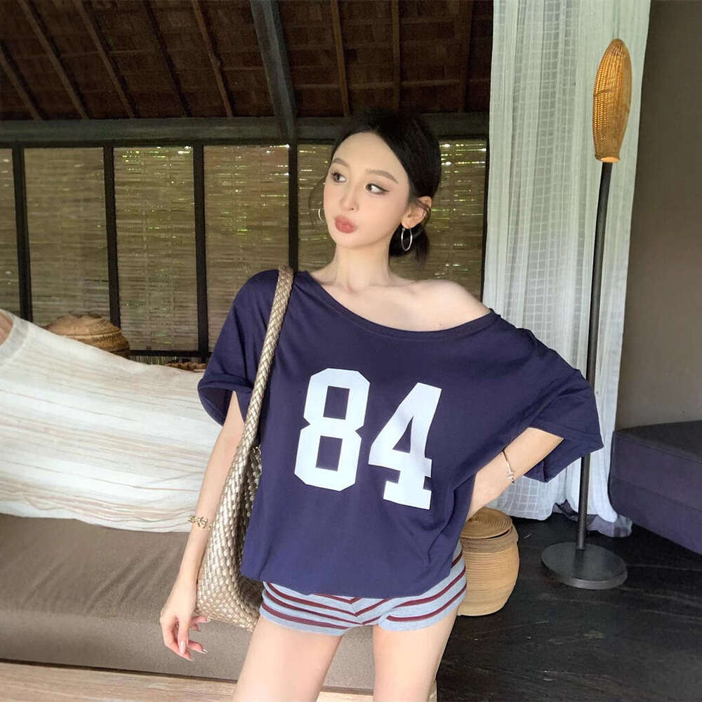 Design Sense Letter Print Off-Shoulder T-Shirt Summer New Casual Loose Mid-Length Student Top For Women B5