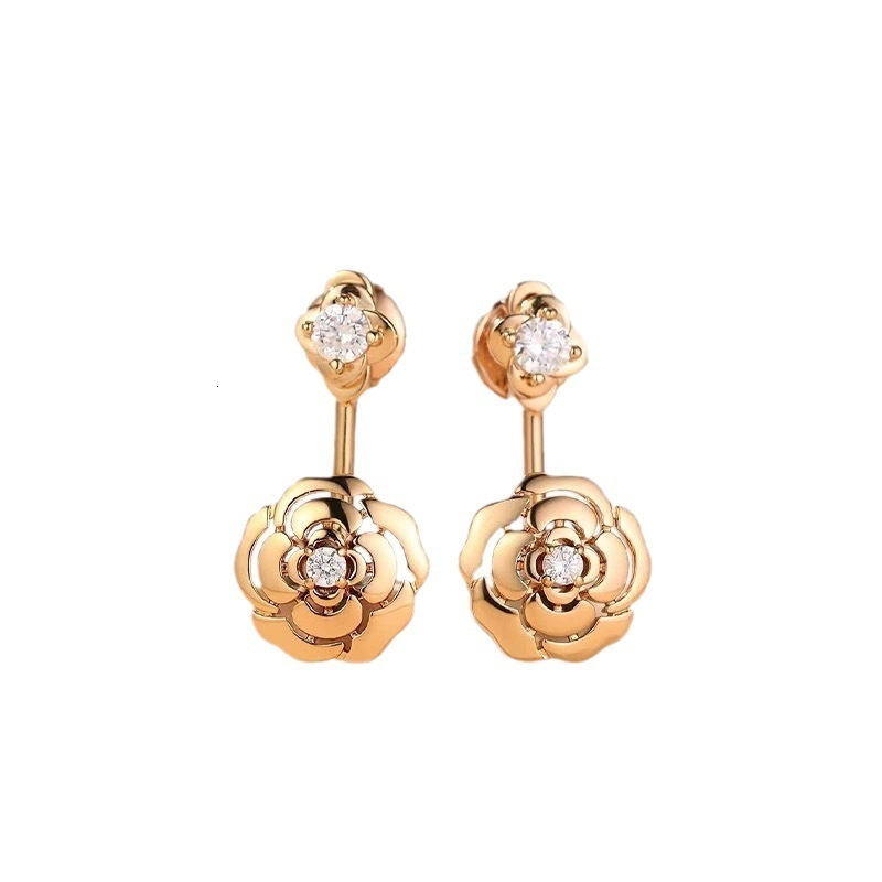 S925 Sterling Silver Rose Gold Camellia Double Flower Earrings Style Smooth Single Diamond Flower Stud Earrings 250710