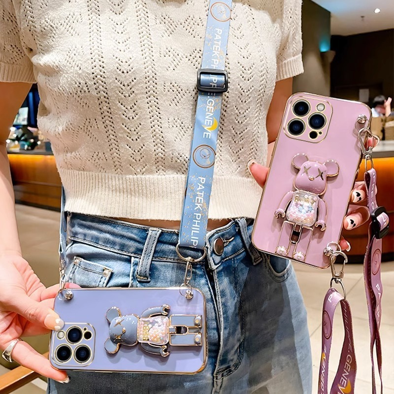 Compatible with Case Electroplated Full Coverage Candy Bear Foldable Stand Crossbody Lanyard Shockproof Cover 250710