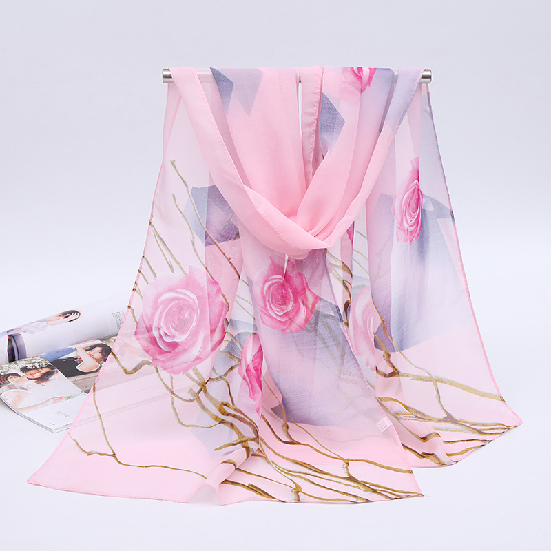 K1295 Spring and autumn new rose tulle scarf ladies chiffon printed silk scarf air conditioning warm small shawl scarf wholesale