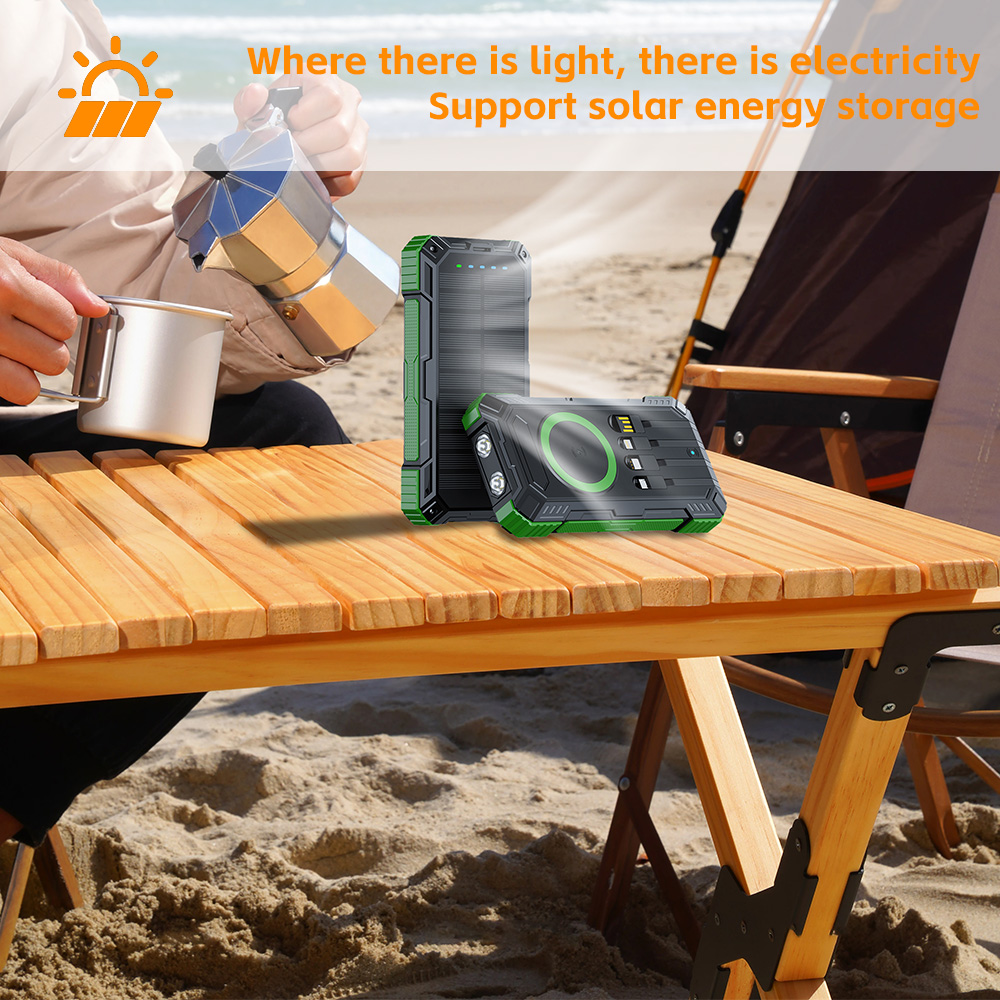 Portable Solar Power Bank 20000mAh Wireless Charger External Battery Charging with Self-charging Cable for All Mobile Devices Camping