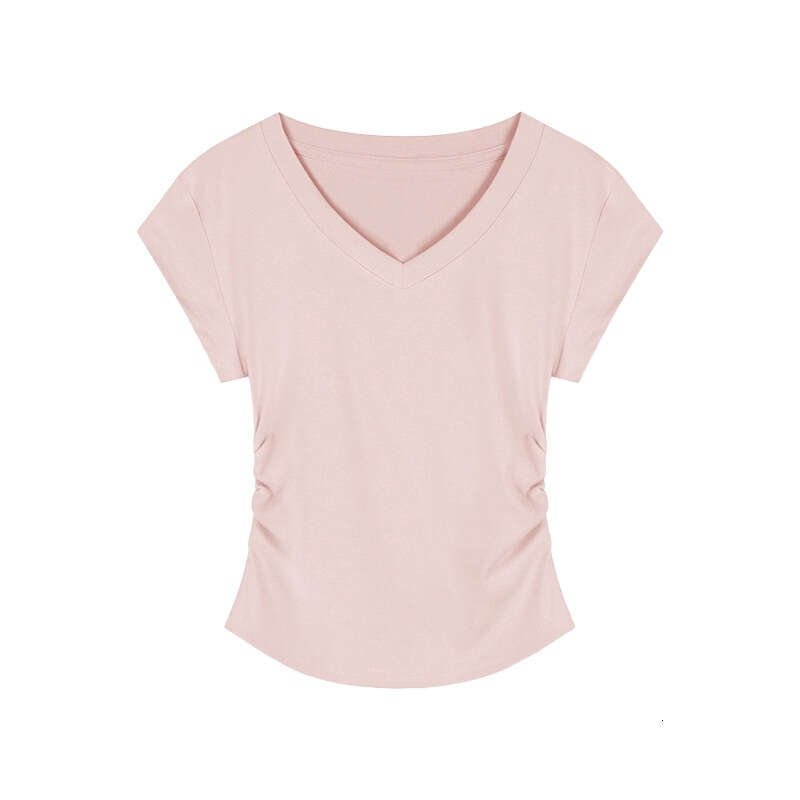 American Style Spicy Girl Solid Color Simple V-Neck T-Shirt For Women Summer New Short Slim Fit Versatile Pullover Student Top B5