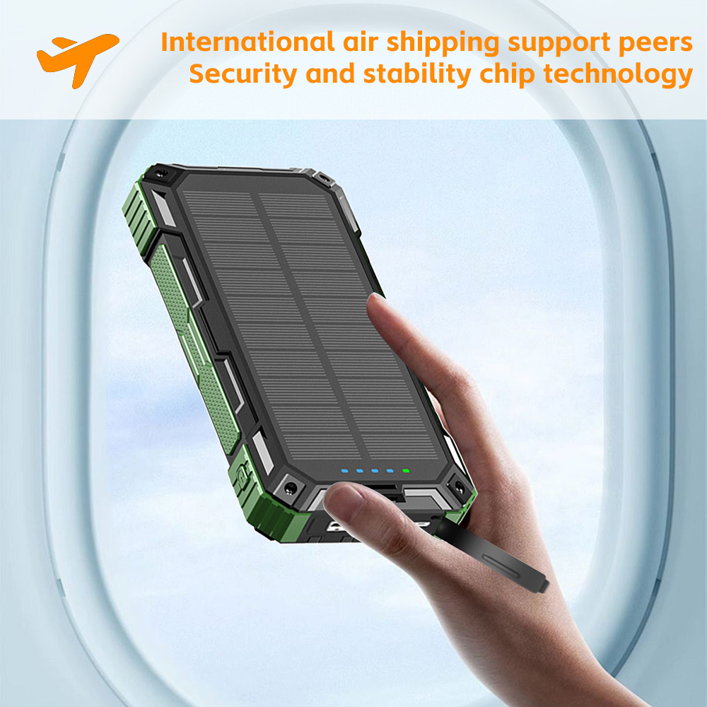 Portable Solar Power Bank 20000mAh Wireless Charger External Battery Charging with Self-charging Cable for All Mobile Devices Camping