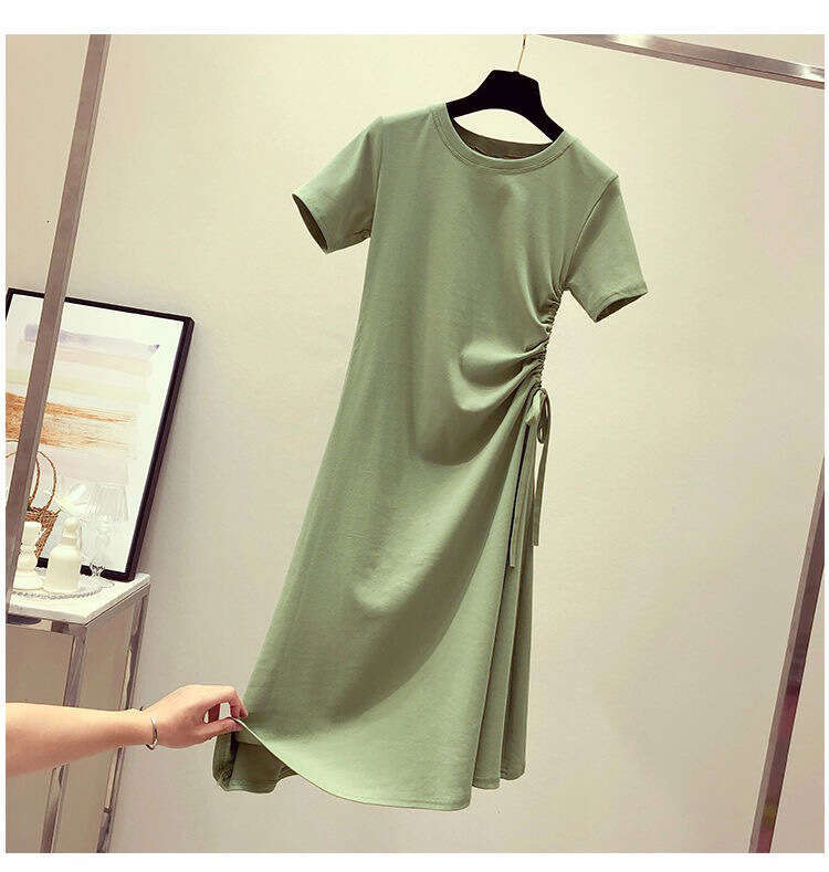 Avocado Green Summer New Ins Waist Slimming Drawstring Stylish Korean Version Student T-Shirt Dress For Women B5