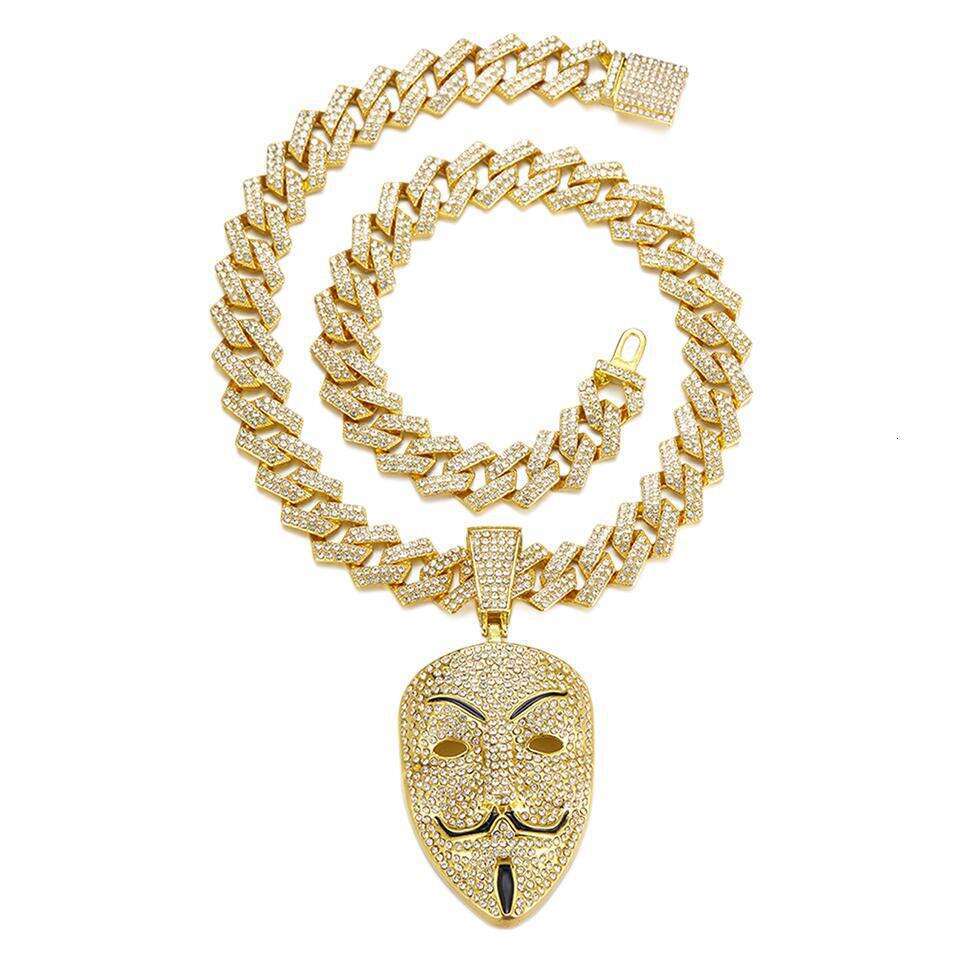 Halloween Hip-Hop Full Dia V for Vendetta Guy Fawkes Mask Alloy Pendant Men's Cuban Necklace