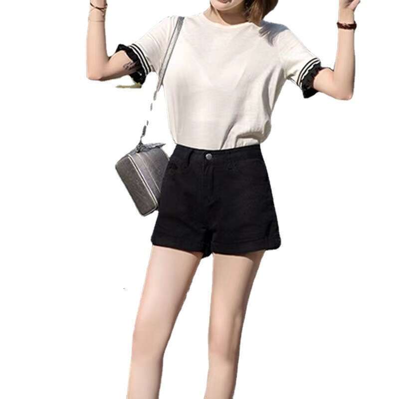 High Waist Black Denim Shorts For Women Summer Student Rolled Hem Loose Slimming A-Line Wide Leg Hot Pants Korean Style Trendy B5