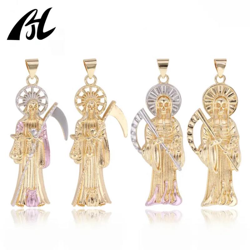 Oro Laminado 14k Blanco Santa Muerte Pendant La Santa Muerte Grim Reaper Pendant Religious Medals Santisima Muerte Jewelry Men