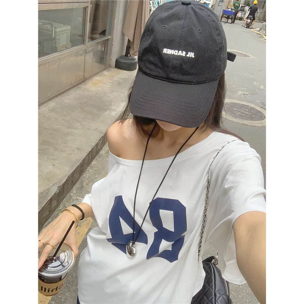 Design Sense Letter Print Off-Shoulder T-Shirt Summer New Casual Loose Mid-Length Student Top For Women B5