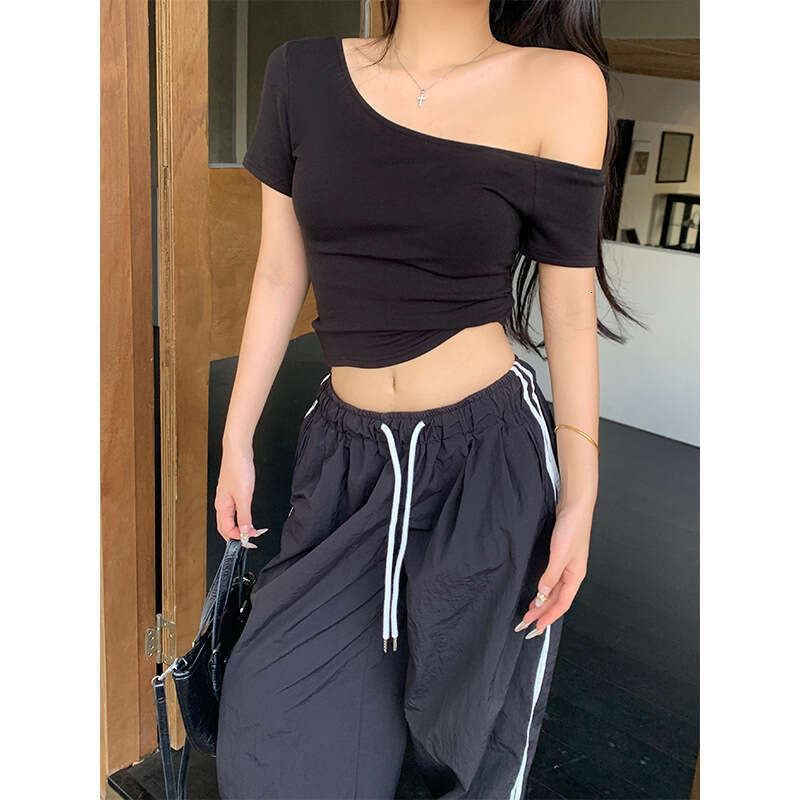 Sexy Hot Girl Asymmetrical Neck Off-Shoulder Sleeve T-Shirt Women Summer New Slim Fit Short Versatile Top Trendy B5