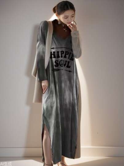 Women's Summer New V-Neck Long Sleeve Dress Elegant Hepburn Style Versatile B5