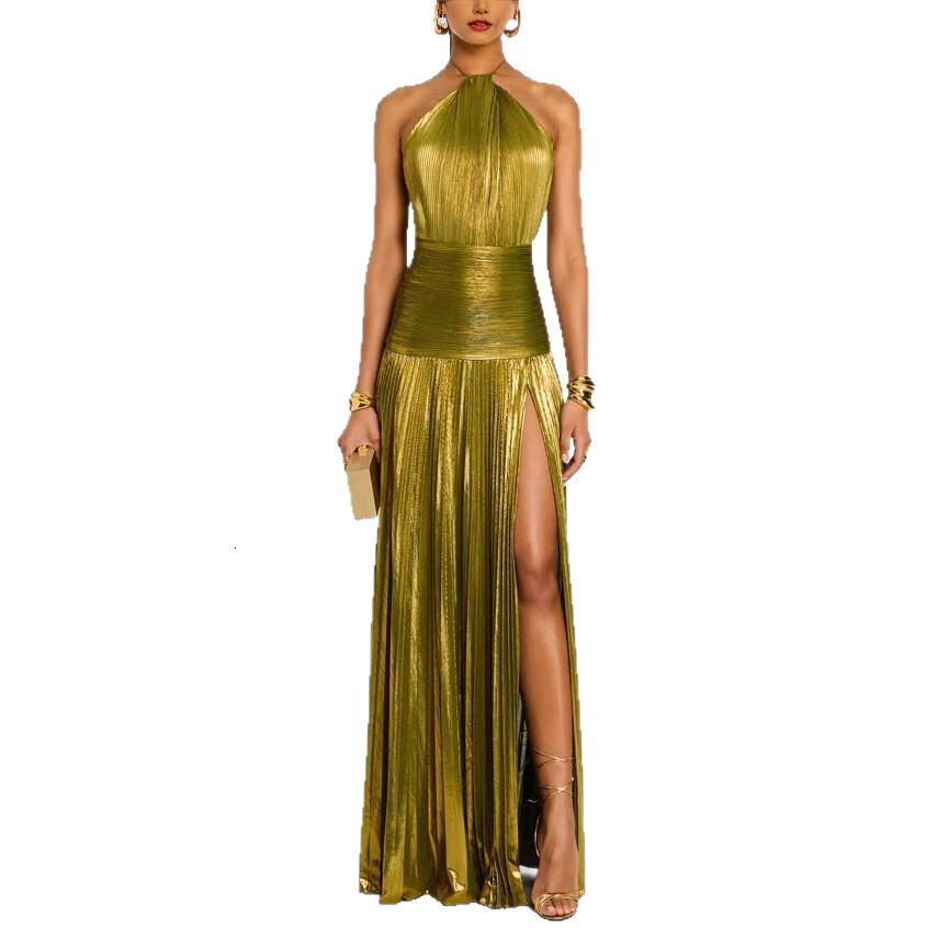 Women's Metallic Pleated Split Lace-Up Halter Dress Sleeveless Backless 8155 ddmysept