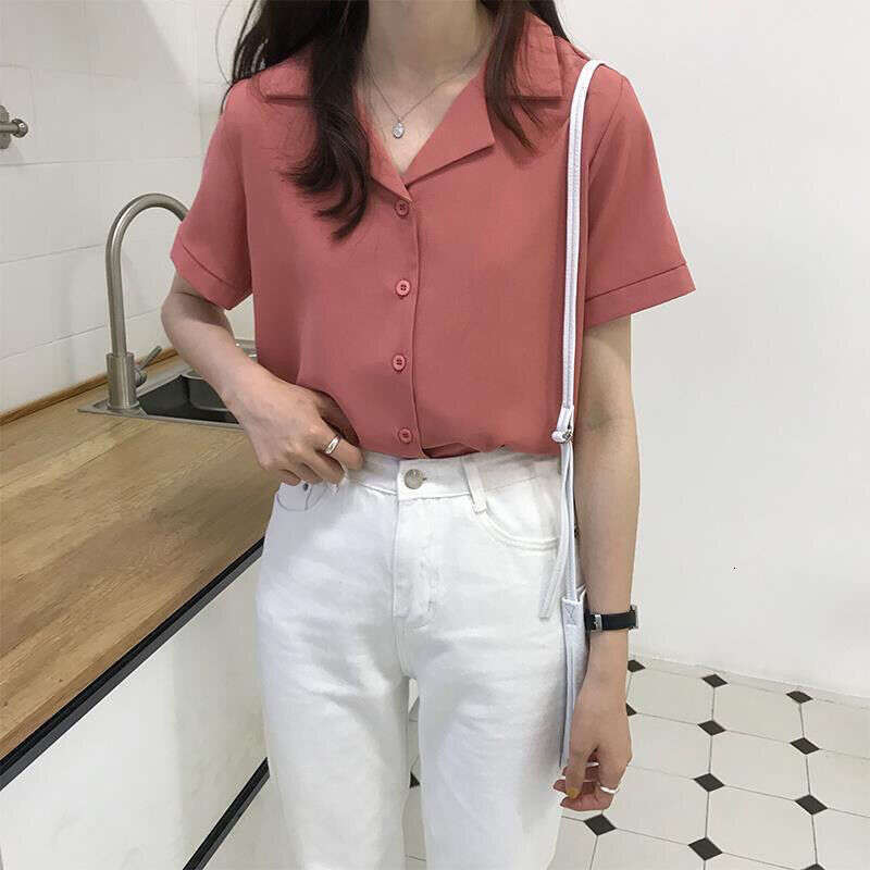 Spring Summer College Style Korean Version Professional Suit Collar Turn-Down Student Short Sleeve Shirt Solid Color Top Women B5