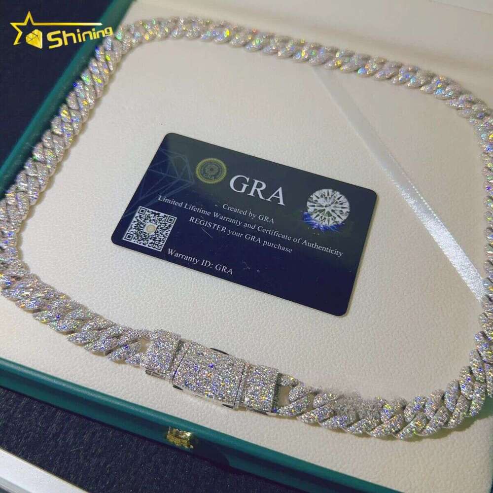 12mm Necklace Pure Sier Iced Out Hip Hop VVS Moissanite Cuban Bracelet Chain