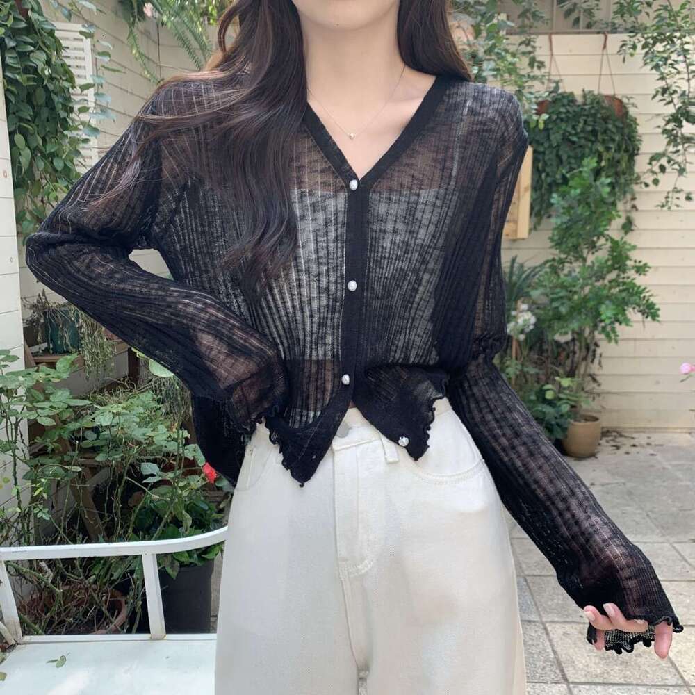 Summer Sun Protection Cardigan For Women, Thin Loose Ruffled Edge Outerwear Shawl, Short Student Knitted Ice Silk Shirt B5