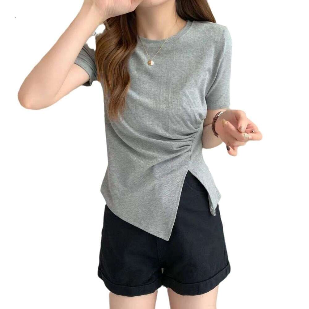 Irregular T-Shirt For Women Summer New Korean Style Waist-Cinching Slimming Side Slit French Splicing Tee Top B5