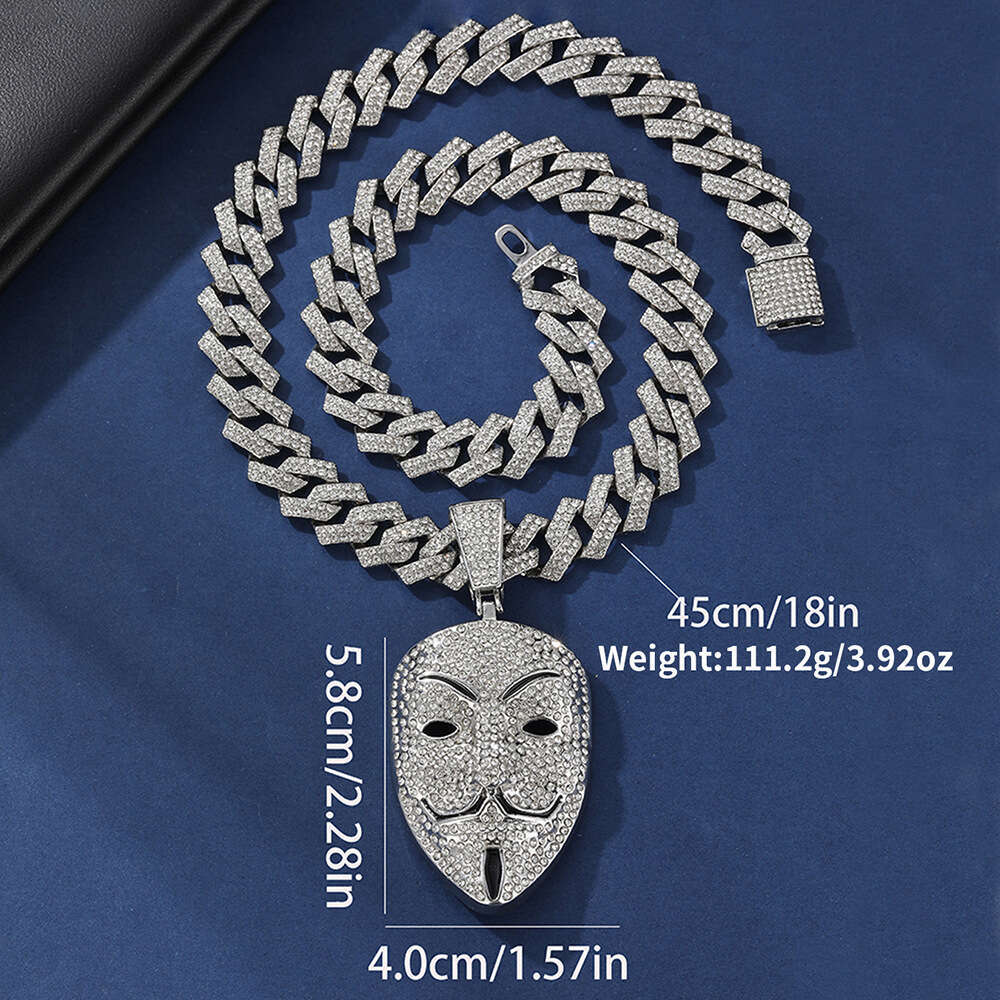 Halloween Hip-Hop Full Dia V for Vendetta Guy Fawkes Mask Alloy Pendant Men's Cuban Necklace
