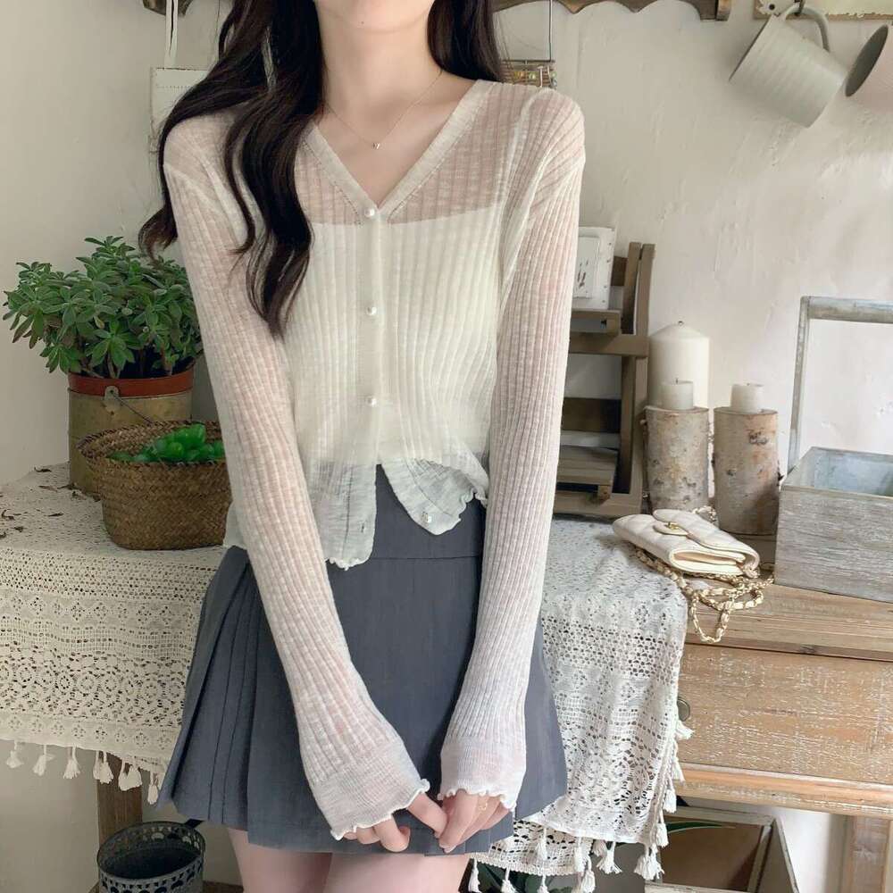 Summer Sun Protection Cardigan For Women, Thin Loose Ruffled Edge Outerwear Shawl, Short Student Knitted Ice Silk Shirt B5