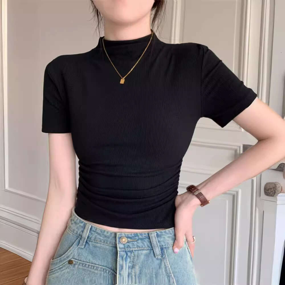 Half Turtleneck Sleeve T-Shirt For Women Summer New Base Shirt Slim Fit Short Student Pleated Top B5