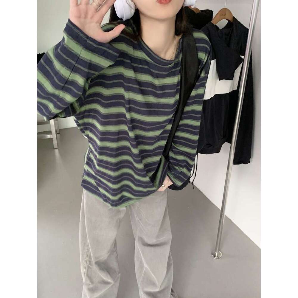Round Neck Striped Long Sleeve T-Shirt For Women Autumn New Design Loose Slimming Casual Student Split Top B5
