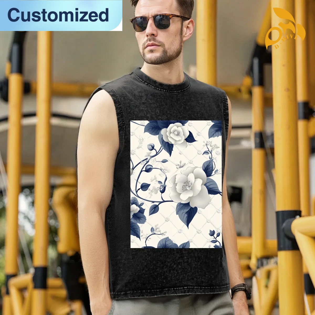 free shipping of customized trendy Washed cotton sleeveless T-shirt with exquisite patterns from US
